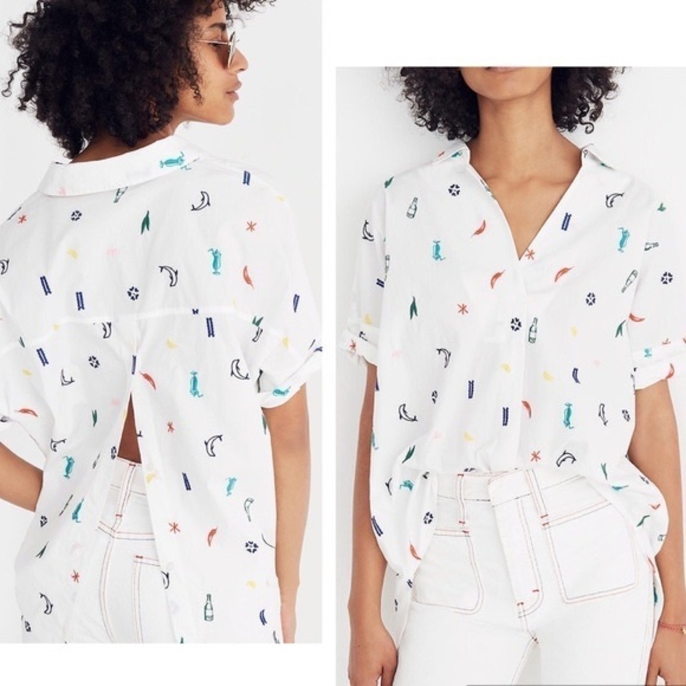 Madewell Summer Friday Embroidered Courier Button Down Back Shirt sz S